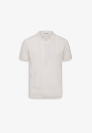Kurzärmliges, off-white Polohemd mit klassischem Kragen und Knopfleiste, dargestellt vor weißem Hintergrund.