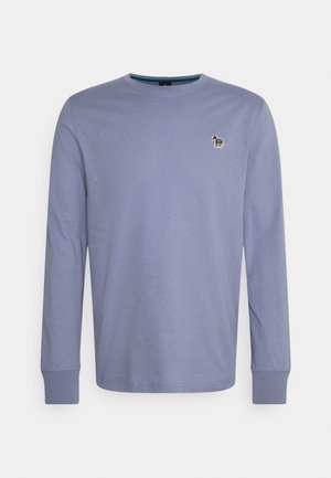 Lila langärmliges T-Shirt mit Rundhalsausschnitt, gerippten Bündchen und einem kleinen mehrfarbigen Zebra-Logo auf der linken Brust.