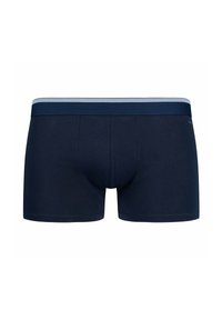Boxer aderenti blu navy con una texture liscia, dotati di un elastico blu scuro in vita e senza motivi o loghi visibili.