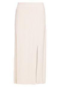 Falda midi beige de lino con una abertura frontal, presenta un diseño recto y costuras mínimas. Tejido ligero y ligeramente texturizado.