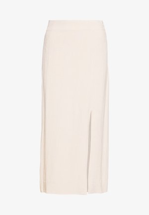 Beige Midi-Rock aus Leinen mit einem Schlitz vorne, ausgestattet mit einem geraden Schnitt und minimalen Nähten. Leichter und leicht strukturierter Stoff.