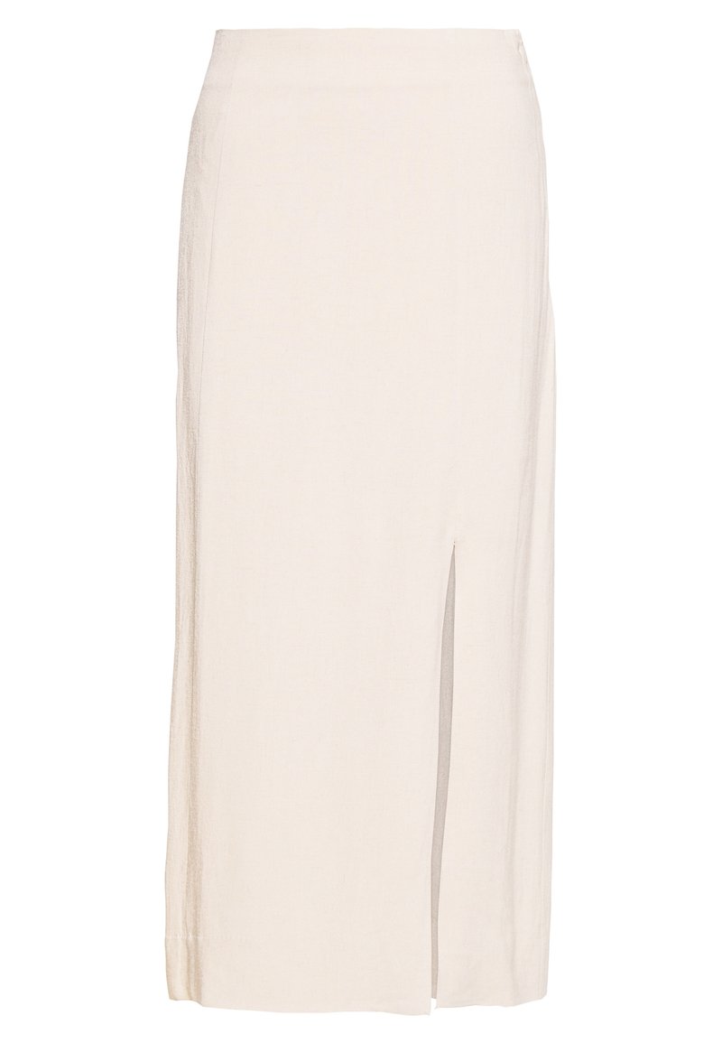 Falda midi beige de lino con una abertura frontal, presenta un diseño recto y costuras mínimas. Tejido ligero y ligeramente texturizado.
