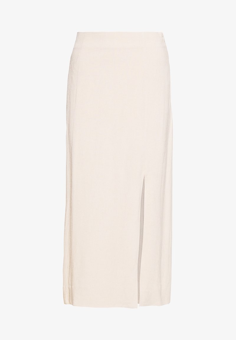 Falda midi beige de lino con una abertura frontal, presenta un diseño recto y costuras mínimas. Tejido ligero y ligeramente texturizado.