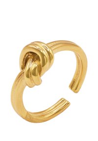 Gouden ring met een knoopontwerp in het midden. Heeft een gladde, gepolijste afwerking en een open band voor verstelbare maat.