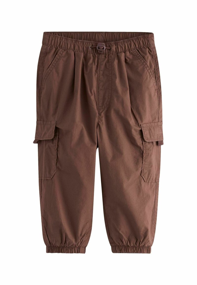 Pantalons cargo marron avec une taille élastique, fermeture à cordon, deux poches latérales et des poignets élastiques aux chevilles. Tissu léger.