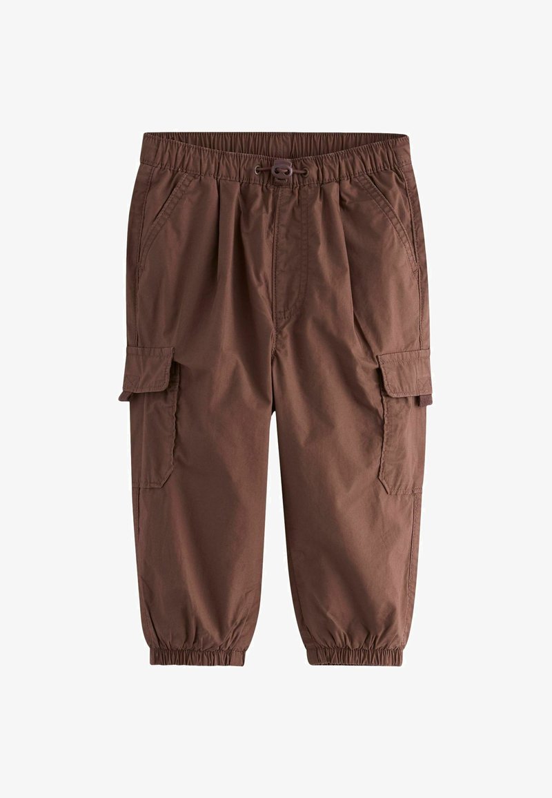 Pantalons cargo marron avec une taille élastique, fermeture à cordon, deux poches latérales et des poignets élastiques aux chevilles. Tissu léger.