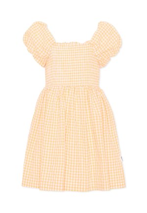 Abito a quadretti giallo e bianco con maniche corte a sbuffo e vita arricciata.