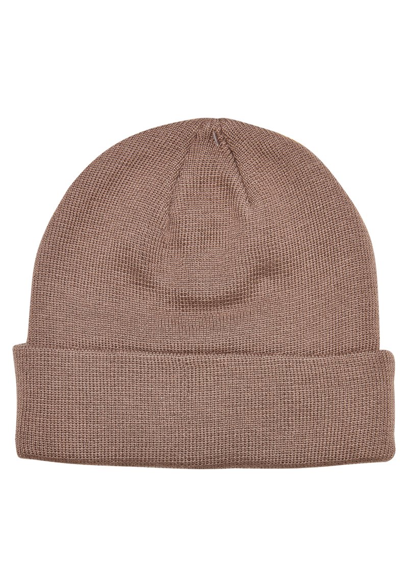 Knit beanie in light brown, featuring a fold-over cuff and subtle texture with a rounded top, designed for warmth and comfort.