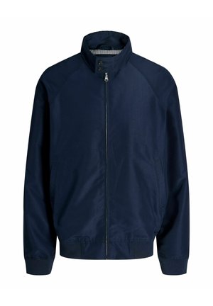 Marineblaue Reißverschlussjacke mit Stehkragen, Knopfverschluss am Hals, langen Ärmeln, Seitentaschen sowie elastischem Bund und Bündchen.