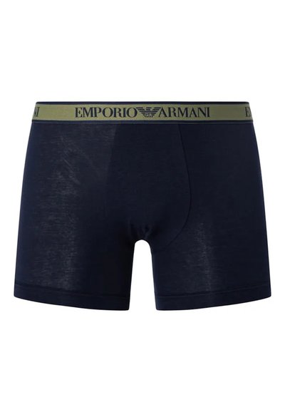 Navy blue boxer shorts made of soft material, featuring a green logo waistband with "EMPORIO ARMANI" text and a snug, fitted design.