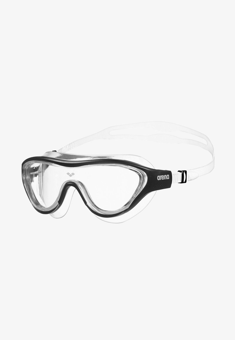 Klare Schwimmbrille mit schwarzem Rahmen, transparenten Gläsern, verstellbarem weißen Band und "arena"-Logo an der Seite.