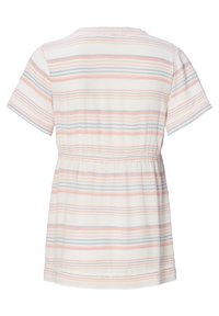 Stribet top med pastelfarver i pink, blå og hvid, korte ærmer og en elastisk talje med dekorativ syning langs kanten.