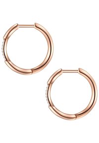 Orecchini a cerchio in rosa oro con un design liscio e arrotondato, arricchiti da un accento testurizzato e una fila di piccole pietre trasparenti.