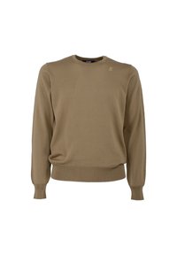 Maglione beige a maglia con collo rotondo, maniche lunghe e polsini e fondo a coste. Presenta un piccolo logo sul lato sinistro del petto.
