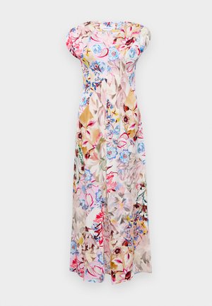 Vestido maxi floral con mangas cortas, que presenta patrones de flores en varios colores: rosa, azul, rojo, beige y verde sobre un fondo claro.