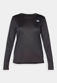 Musta pitkähihaisen urheilupaita, jossa on pyöreä pääntie ja valkoinen New Balance -logo vasemmalla rinnassa, esillä valkoisella taustalla.