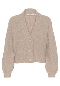 Krémový zkrácený pletený cardigan s V-výstřihem, širokými rukávy a třemi velkými knoflíky vpředu. Měkká textura s žebrovaným vzorem.