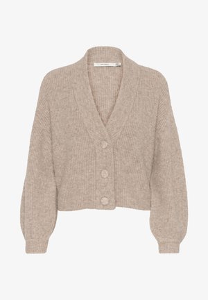 Beżowy krótki sweter z dzianiny z dekoltem w serek, szerokimi rękawami i trzema dużymi guzikami z przodu. Miękka faktura z detalem w prążki.