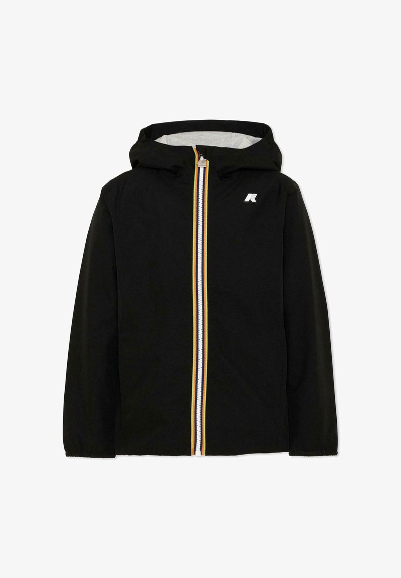 Czarna kurtka z kapturem z wielobarwnym paskowanym suwakiem i małym białym logo na lewej piersi, prezentowana na białym tle.