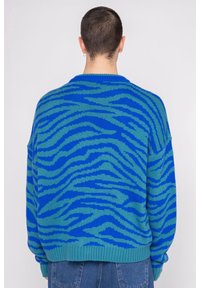 Blå och turkos stickad tröja med zebramönster, ribbad halsringning och manschetter, samt en avslappnad passform. Bakifrån syns designen tydligt.