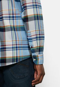 Karierte Hemd in Blau-, Grün- und Orangetönen, mit Knöpfen an den Bündchen und einer Baumwolltextur. Getragen mit dunklen Jeans.