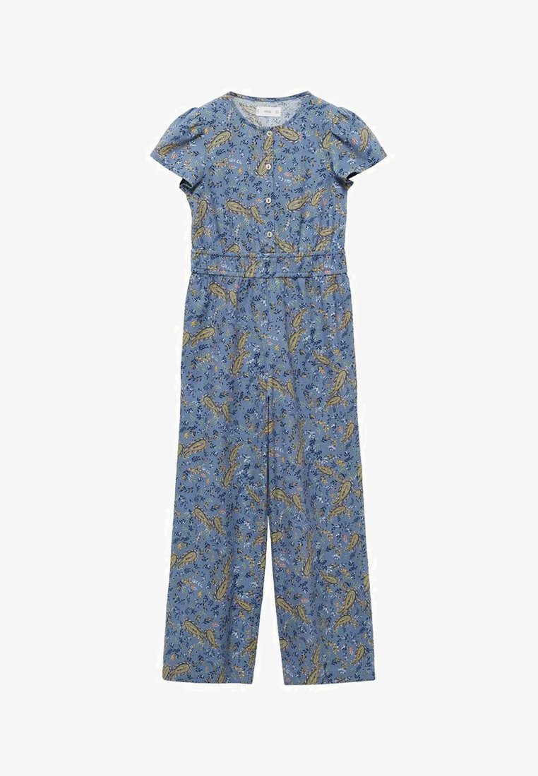 Modra kombinezona z kratkimi naborki, z gumbom za zapiranje in elastičnim pasom. Ima cvetlični in listni vzorec v rumeni in zeleni barvi.