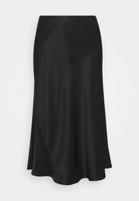 Svart, svävande midi kjol i slätt tyg, med asymmetrisk fåll och en lätt lyster. Enkel design utan utsmyckningar.