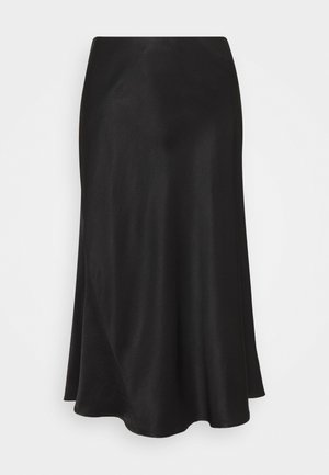 Musta, virtaava midi-hame, joka on valmistettu sileästä kankaasta. Hameessa on epäsymmetrinen helma ja kevyt kiilto. Yksinkertainen muotoilu ilman koristeita.