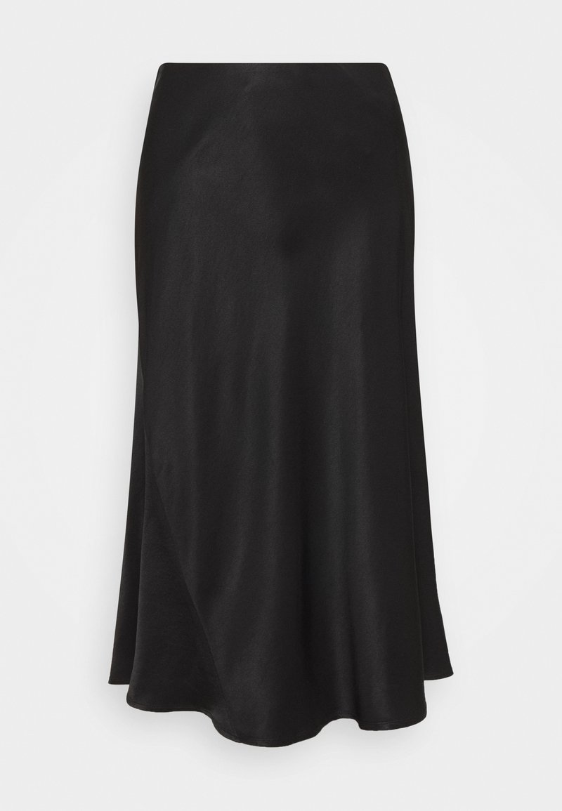 Svart, svävande midi kjol i slätt tyg, med asymmetrisk fåll och en lätt lyster. Enkel design utan utsmyckningar.