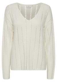White knitted sweater featuring a V-neck, long sleeves, and vertical stripe openings for ventilation. Made from a textured yarn.