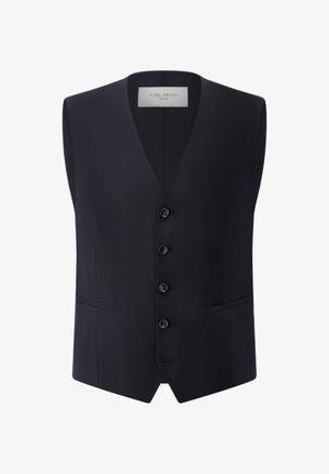 Formelle schwarze Herrenweste mit vier Knöpfen, zwei Fronttaschen und V-Ausschnitt, beschriftet mit Carl Gross.