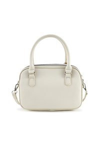 Creme-kleurige gestructureerde leren handtas met twee ronde hengsels, een ritsafsluiting en afneembare schouderriemclips aan beide zijkanten.