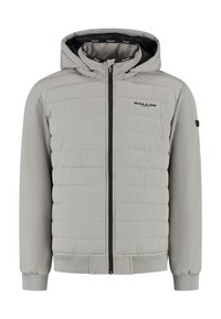 Lichtgrijze gewatteerde jas met een trekkoordcapuchon, ritsluiting, elastische manchetten en een subtiele merklogo op de borst. Heeft een gladde textuur.