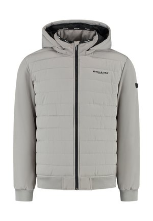 Lichtgrijze gewatteerde jas met een trekkoordcapuchon, ritsluiting, elastische manchetten en een subtiele merklogo op de borst. Heeft een gladde textuur.