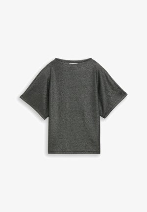 Rövid ujjú felső sötét szürke színben, textúrált, csillogó anyagból. Dobozos fazon széles, nyitott nyakkal és ejtett vállakkal.