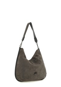 Borsa hobo in suede grigio scuro a forma triangolare. Presenta una tracolla removibile, una texture liscia e un sottile logo sul fronte.