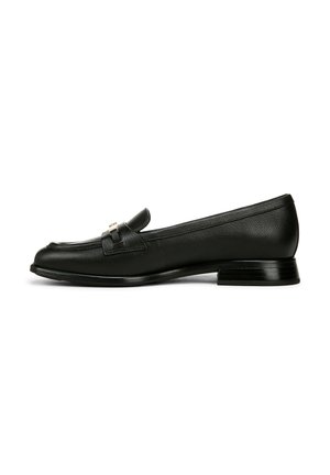 Black leather loafers with a rounded toe, decorative strap and metallic accent, low stacked heel, and textured surface.