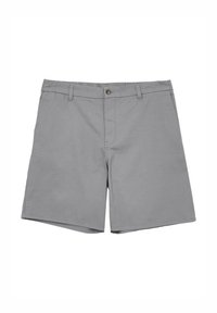 Pantaloni corti grigi realizzati in tessuto leggero, con parte anteriore piatta, passanti per cintura, chiusura con bottone e un delicato motivo testurizzato.