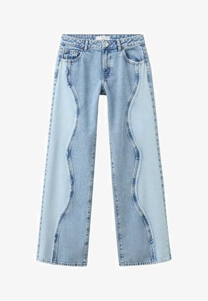 Jeans a gamba larga di colore azzurro chiaro con vita alta e dettagli a onde sulle cuciture verticali delle tasche anteriori e posteriori.