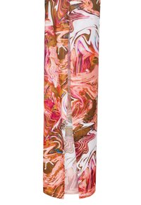 Langes, durchsichtiges Kleid mit einem wirbelnden abstrakten Muster in verschiedenen Rosa-, Braun- und Weißtönen, mit einem Schlitzdesign und glatter Stofftextur.