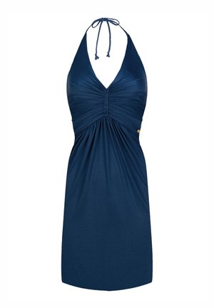 Marineblaues Neckholderkleid mit gerafften Details an Brust und Taille, knielang mit dünner geflochtener Kordel am Hals.