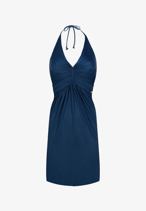 Robe bleu marine à col halter avec des détails froncés au niveau du buste et de la taille, longueur au genou avec fermeture par lien tressé fin au cou.