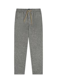 Grå sweatpants tillverkade av mjukt tyg, med dragsko i midjan och en avslappnad passform. Texturen är slät med ett subtilt melerat mönster.