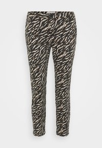 Pantaloni neri e beige con un motivo ondulato. Presentano una forma aderente e una chiusura con bottone in vita. Realizzati in tessuto leggero.