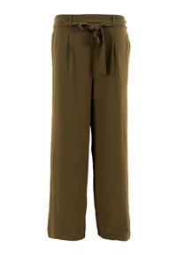 Pantaloni a gamba larga verde oliva con vita annodata, realizzati in tessuto testurizzato e dotati di due tasche frontali per una maggiore praticità.
