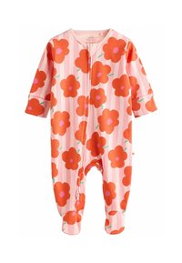 Mitmevärviline beebi body, millel on roosa triibuline muster ja suured oranžid lilled, pikad varrukad ja esine tõmblukk. Valmistatud pehmest kangast.