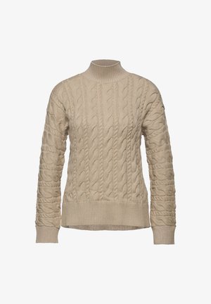 Beige kabelstrikket sweater med høj ribstrikket halsudskæring, lange ærmer samt ribstrikkede manchetter og kant.