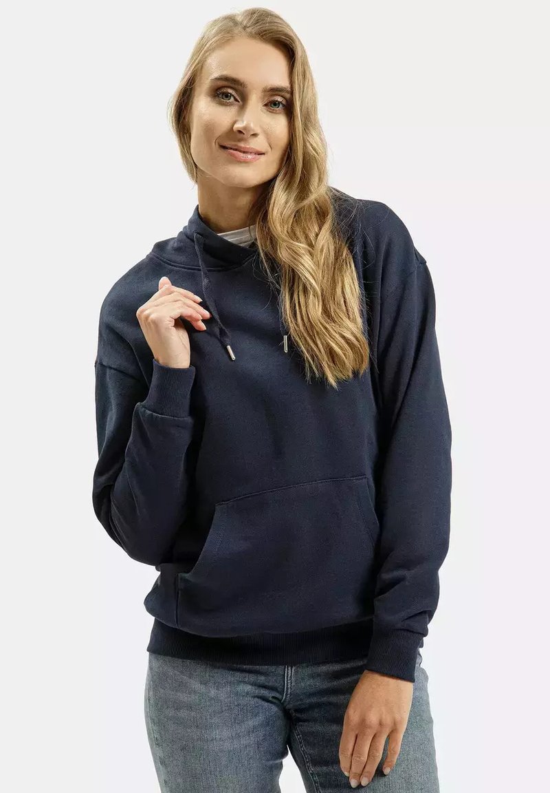 Granatowa bluza z kapturem wykonana z miękkiego materiału, z kapturem na sznurku, kieszenią na przodzie i ściągaczami przy mankietach. Casualowy design odpowiedni do różnych stylizacji.