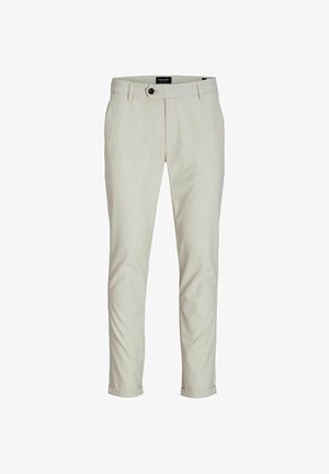 Gai bēšas pielāgotas bikses ar gludu tekstūru, ar pogu aizdari, josta cilpu un rullētām piedurknēm. Diskrēta rūtiņu raksts.