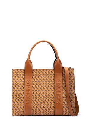Sac à main en cuir marron avec tissu à motifs, deux poignées supérieures, longue bandoulière, et "PIKOLINOS" embossé sur les sangles avant.